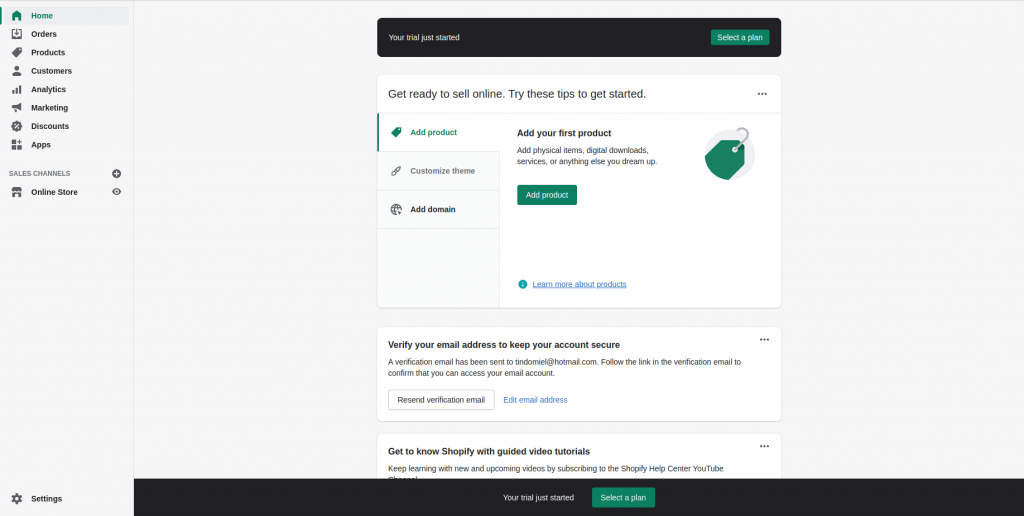 Shopify eCommerce website builder dashboard screenshot