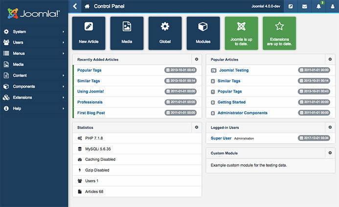Joomla content management system platform Dashboard Screenshot