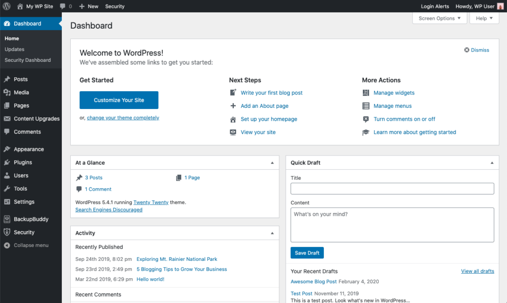 WordPress Dashboard Screenshot content management system platform
