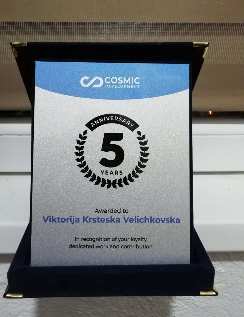 Plaque for 5th anniversary at Cosmic Development 